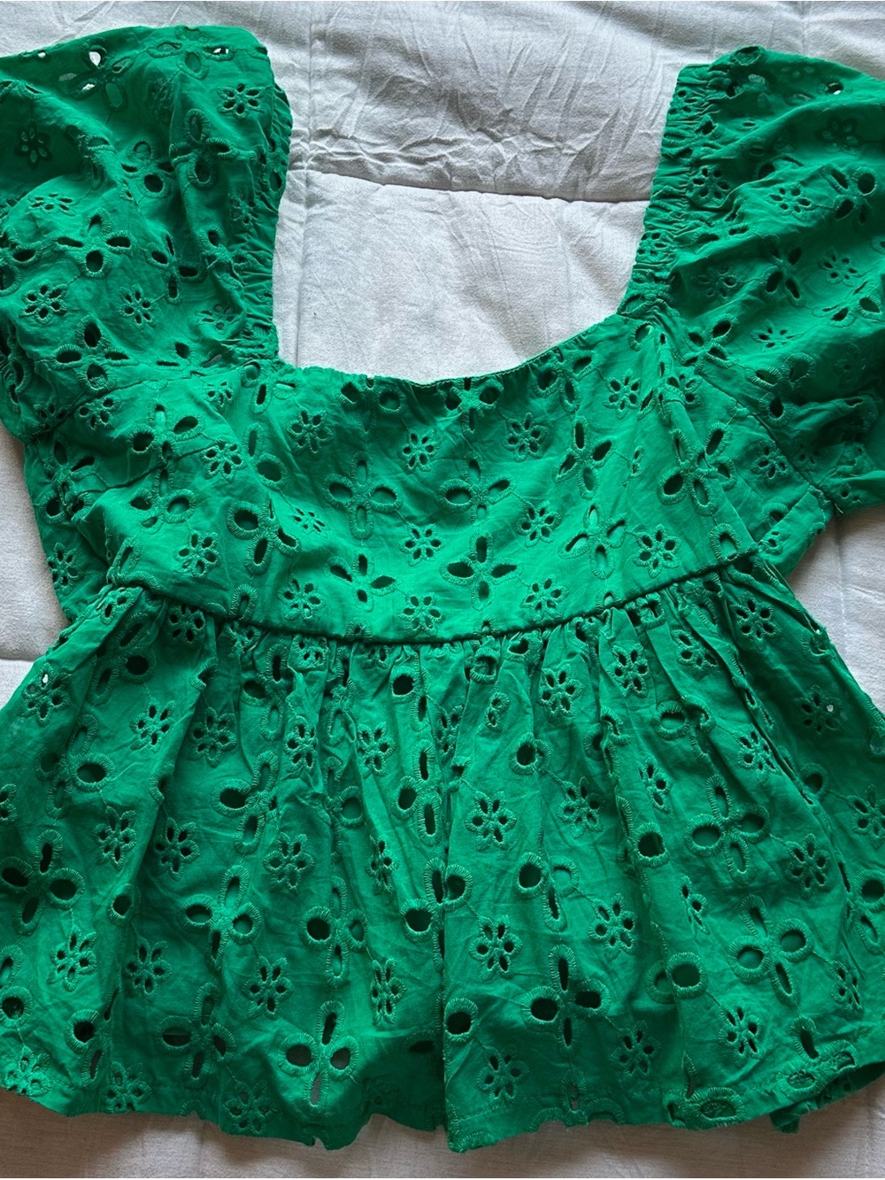 Trixxi Emerald Green Eyelet Puff Sleeve Peplum Top
